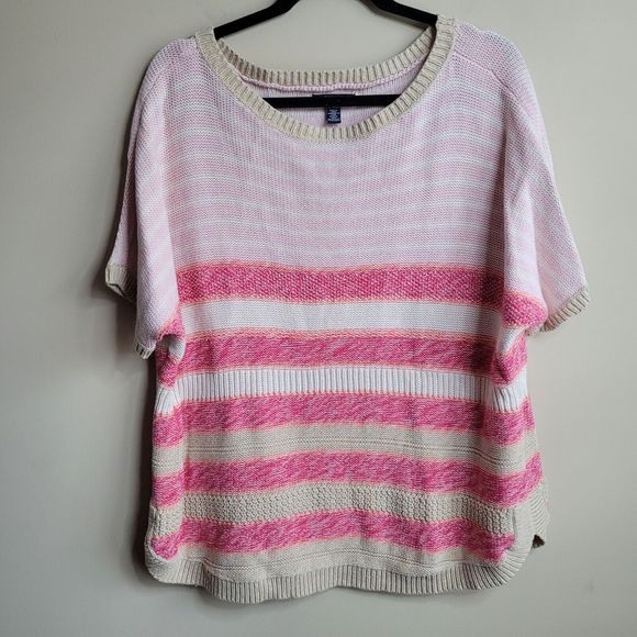 Chaps Womens Sweater Size XL Pink Tan Stripes Knit Short Dolman Sleeves Comfy - Picture 1 of 7